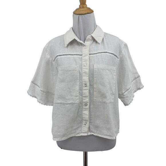 Ellen Tracy Shirt Women S Small White Linen Blend Button Up Short Sleeve Camp - Picture 1 of 11